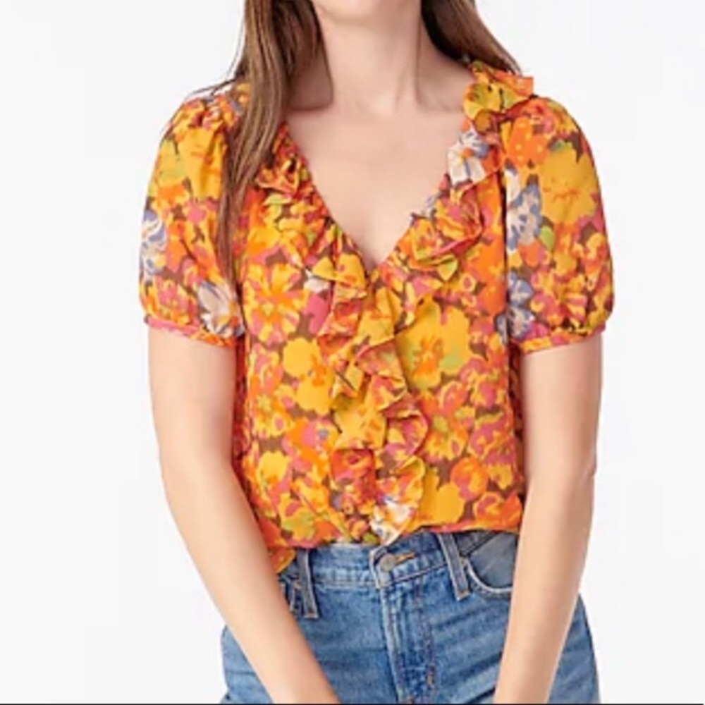 J Crew V-Neck Ruffle Top in Sunset Floral